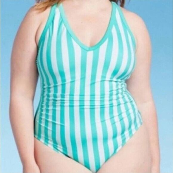 KONA SOL Plus-size turquoise and white striped V-neck Women's Size 18W - Picture 1 of 9